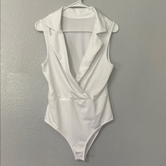 White Plunging Collar Bodysuit with Wrap Effect - Picture 1 of 8